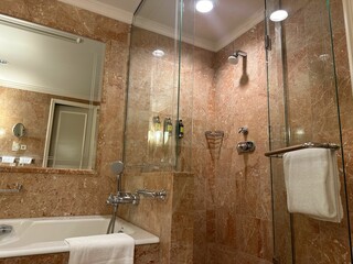 Luxury hotel interior. Stylish bathroom with mirror and terry towels