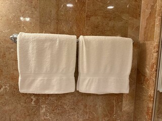 Soft terry towels hanging on tiled wall in hotel bathroom
