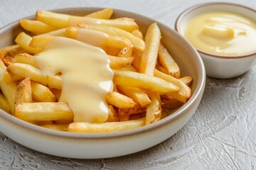 Slices of semi-hard spanish manchego sheep cheese sprinkled with chopped herbs and crutones at white plate. Beautiful simple AI generated image in 4K, unique.