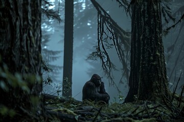 Gorilla sitzt nachdenklich in einem nebligen Wald