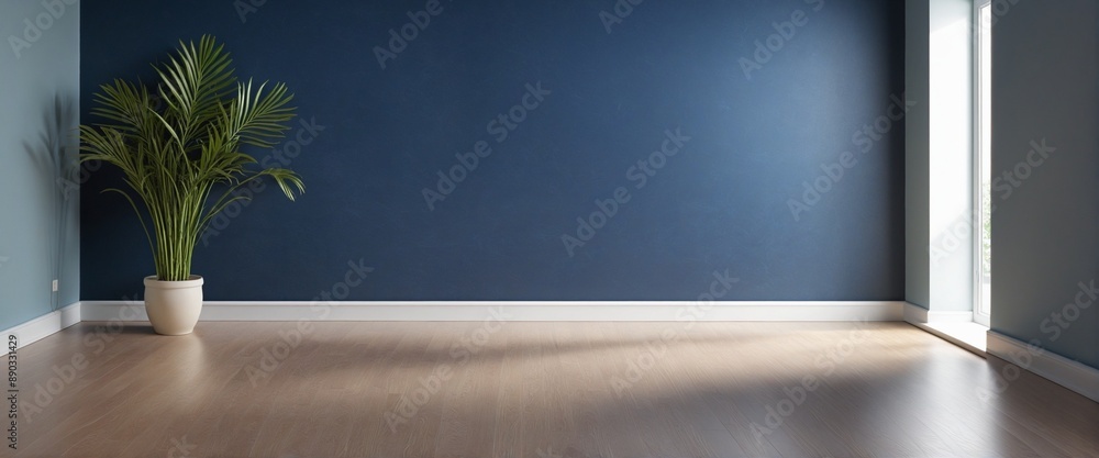 Wall mural dark blue wall empty room with plants in vase