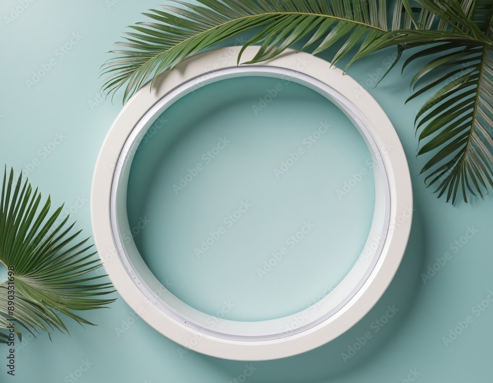 Poster top view of white blank cylinder frame for mock up and display products with shadows of palm leaves