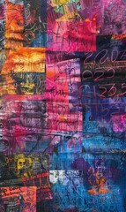 A vibrant urban graffiti wall with a mix of colorful scribbles, tags, and painted layers
