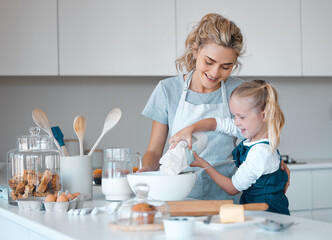 Kitchen baking, mother and teaching kid cooking, happy and help prepare egg, flour or food...