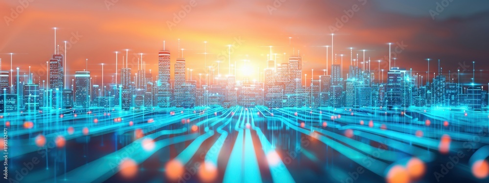 Poster interactive digital environments in developed urban areas, interactive digital developed, high-tech 