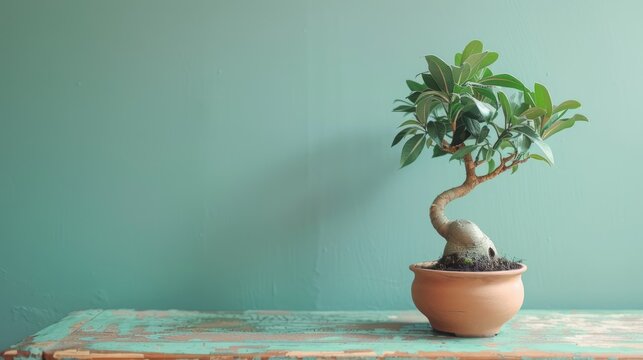 Ginseng bonsai ficus in clay pot on vintage dining table with pastel colors