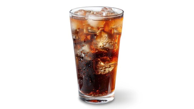 Glass with coke and ice on white background