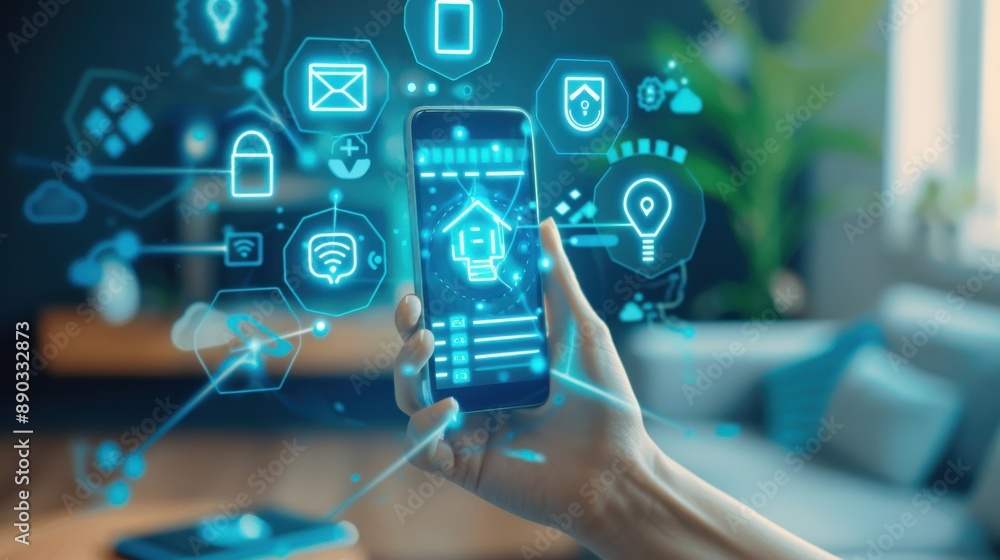 Poster iot devices connected in a smart home network, innovative and efficient.