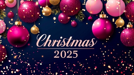 background with Christmas balls and tree branches. A festive banner with the text "Christmas 2025" in the middle in pink and blue and gold colors.