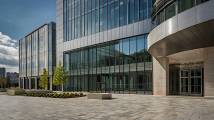 Modern Office Building with Sleek Glass Windows and Landscaping
