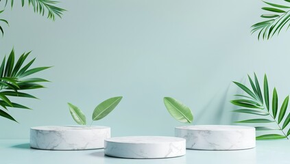 White Marble Podiums with Tropical Leaves on Light Blue Background for Product Display
