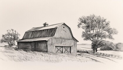 Pencil drawing of an old barn in a rural landscape.