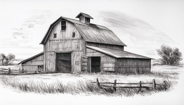 Pencil drawing of an old barn in a rural landscape.