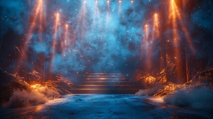 Award ceremony invitation open area writing space left side scene showcases grand event luxurious stage spotlights audience dressed formal attire writing space adorned awardthemed icons event details