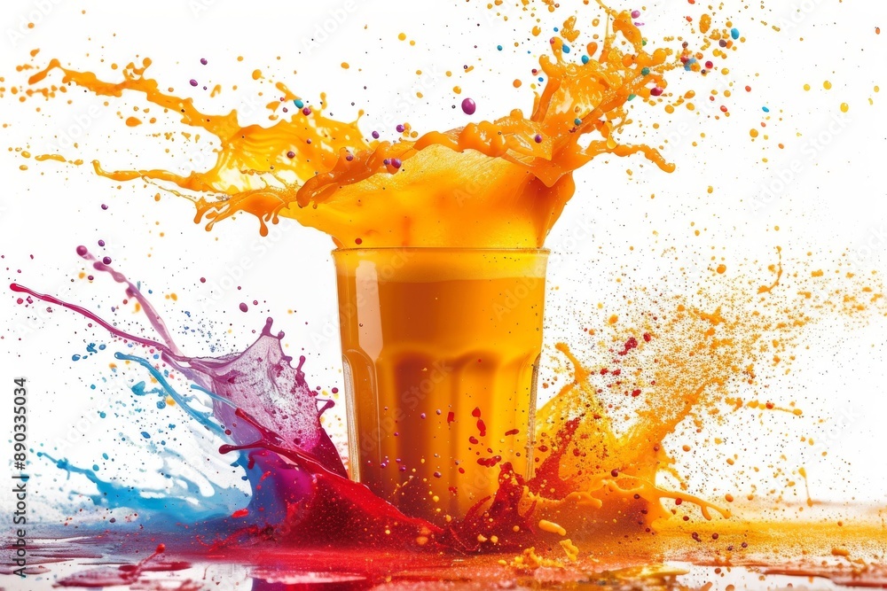 Aufkleber exploding orange juice with vibrant splashes set against a white background capturing a dynamic and 