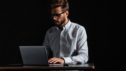 Businessman working on laptop at night