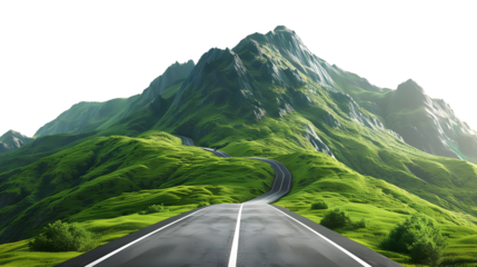 Winding road through lush green mountain landscape isolated on transparent background