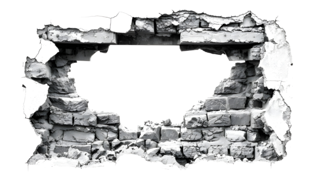 Broken brick wall with hole isolated on white isolated on transparent background