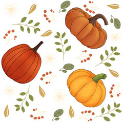 Autumn pattern illustration with pumpkin, leaves. Beautiful fall season pattern or motif 
