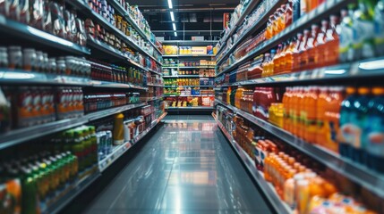 Aisles in a brightly lit grocery store