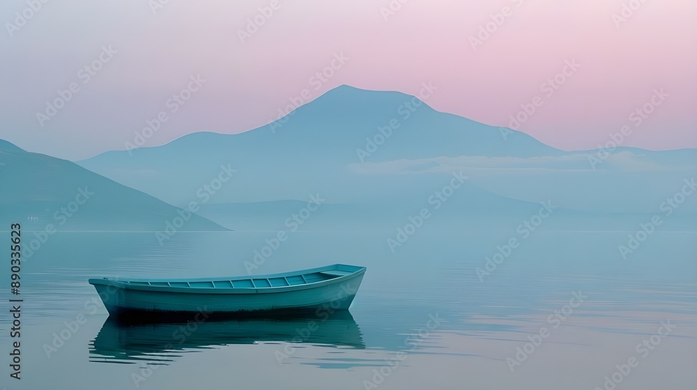 Wall mural boat on the lake water, mist landscape view