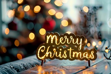 a wooden plaque with the glowing text "Merry Christmas". A Christmas sign on the background of a decorated room.