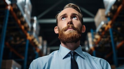 Obraz premium Businessman Looking Up in Warehouse