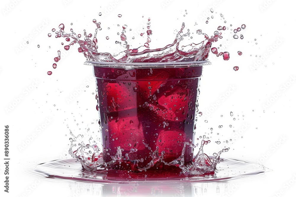 Poster Red drink splash with ice set against a white background capturing a dynamic and refreshing scene