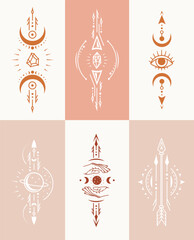 Boho design elements set. Sacred mystical silhouettes. Magic tribal signs. Occult and esoteric vector symbol. Alchemy prints collection.