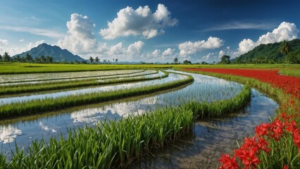 Pictures of vast green fields, rolling hills and small villages. located on a hill Behind are undulating mountains. The sky was a pinkish orange from the evening sun. This image showcases the beauty o