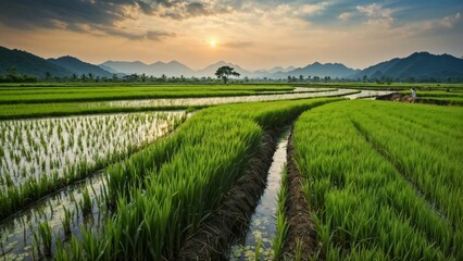 Naklejka premium Pictures of vast green fields, rolling hills and small villages. located on a hill Behind are undulating mountains. The sky was a pinkish orange from the evening sun. This image showcases the beauty o