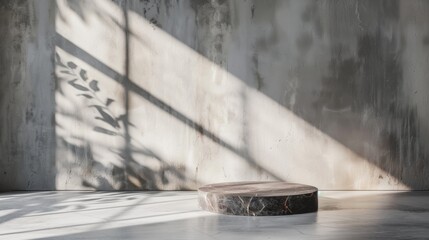 Empty round pedestal in sunlight with shadows