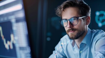 Focused Man Analyzing Data on Computer Screen