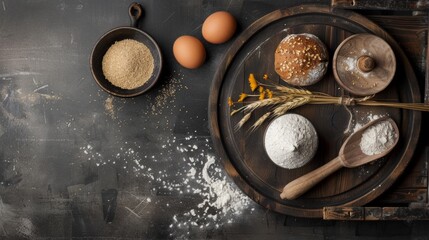 Baking ingredients on rustic table with dark background