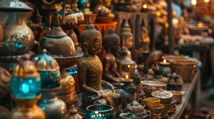 Decorative Buddha statues at a night market