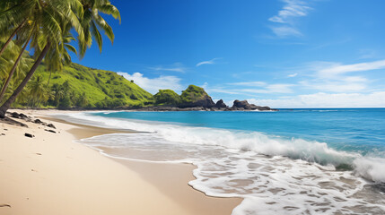 Fototapeta premium Idyllic Beach with Rocky Outcrops and Palm Trees