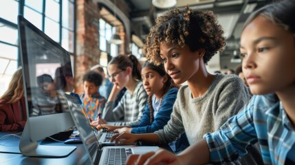 Modern Classroom: Teacher Using Interactive Math Software to Educate Tech-Savvy Students with Engaging Lessons