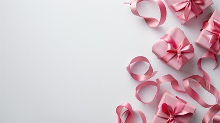 Fototapeta premium Heart shaped pink gift boxes with ribbons on white background top view for Mother s Day or Women s Day