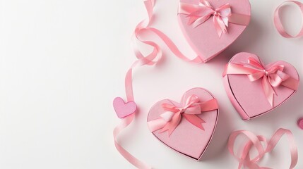 Heart shaped pink gift boxes with ribbons on white background top view for Mother s Day or Women s Day