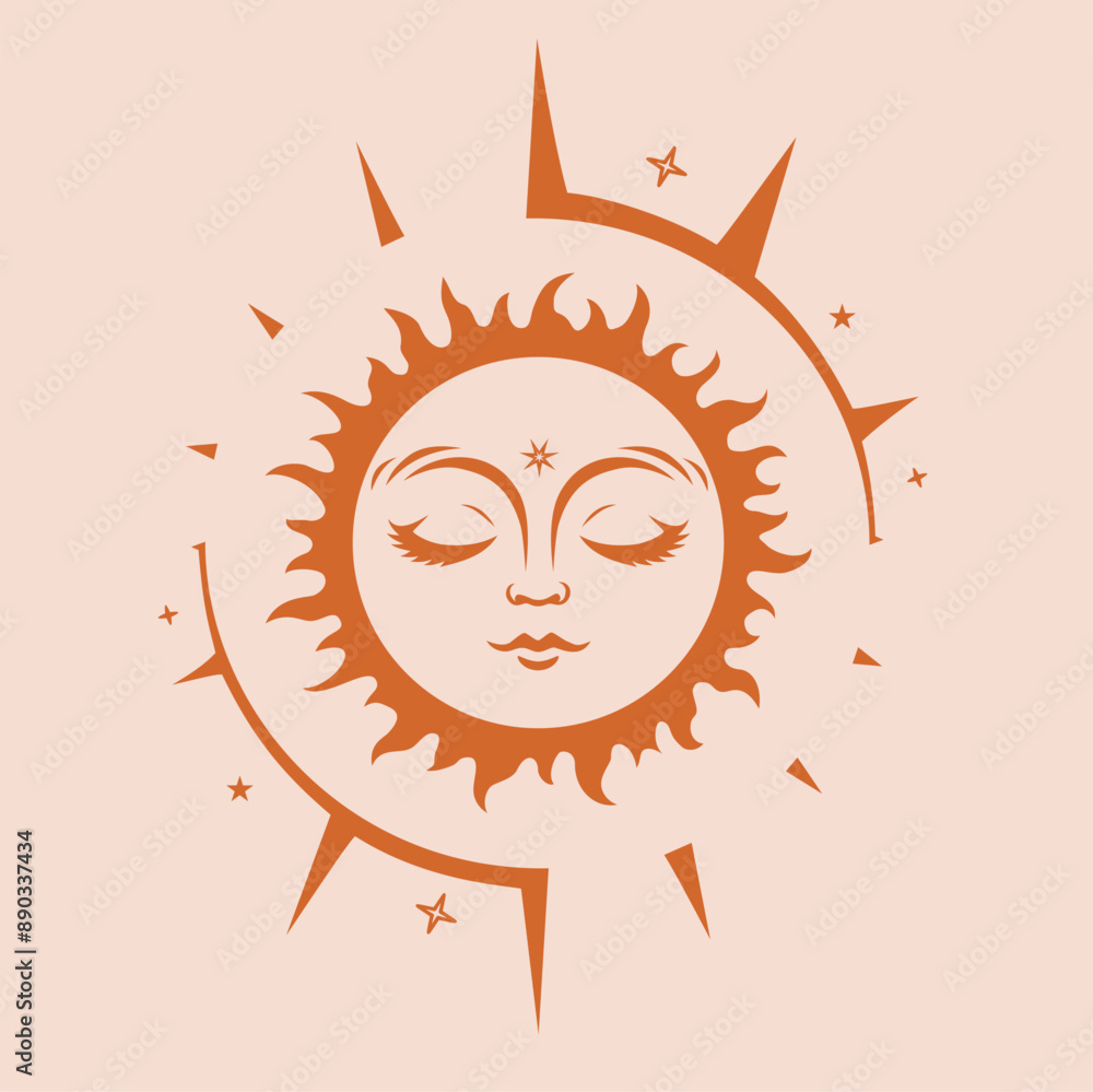 Wall mural boho sun vector silhouette design. sun with face surrounded by rays. vector monochrome illustration.