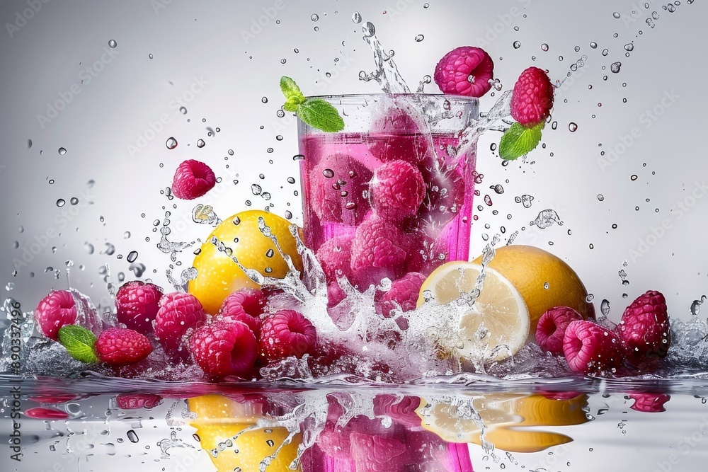 Poster refreshing drink with raspberries and lemon slices set against a white background capturing a vibran