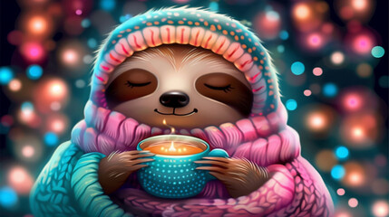 A cute, cartoon sloth wearing a blue and pink knitted hat and scarf, enjoys a warm drink in a blue mug, surrounded by soft, blurry lights.