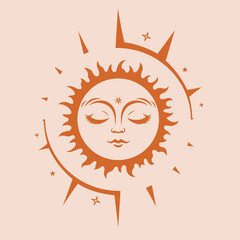 Boho Sun vector silhouette design. Sun with face surrounded by rays. Vector monochrome illustration. Symbols of magic, mysticism and alchemy. Celestial sacred alchemy element