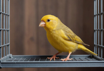  A playful canary hopping from perch to perch in a cage. 