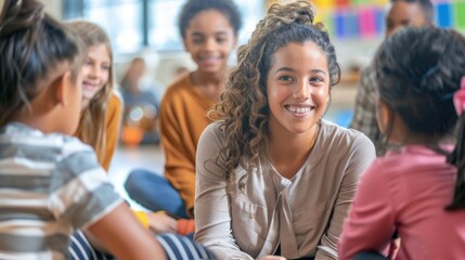 Fototapeta premium Interactive Language Learning: Teacher Engaging Multicultural Students in Lively Conversation Practice Session