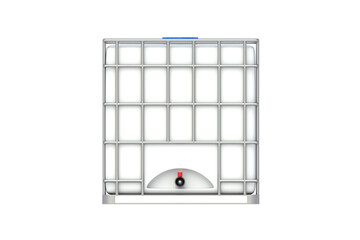 Plastic IBC container in metal grate isolated on white background. 3d render