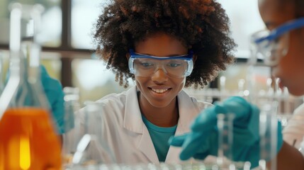 A teacher guiding a student through a science experiment, with lab equipment and safety goggles in a well-equipped laboratory 