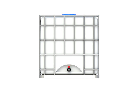 Plastic IBC container in metal grate isolated on white background. 3d render