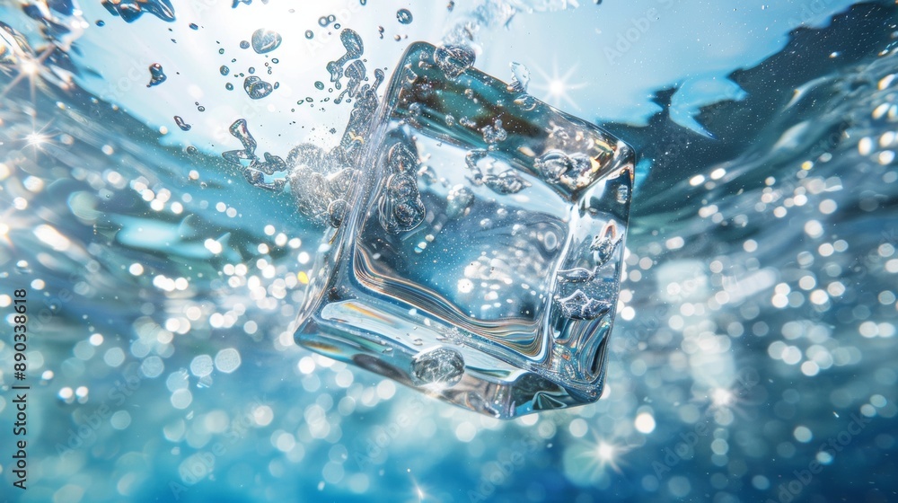 Poster ice cube splashing into water with bubbles
