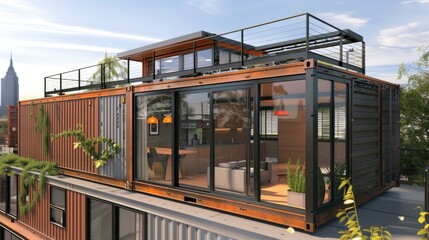 A sleek, modern container house made from repurposed shipping containers, with large windows and a rooftop deck.